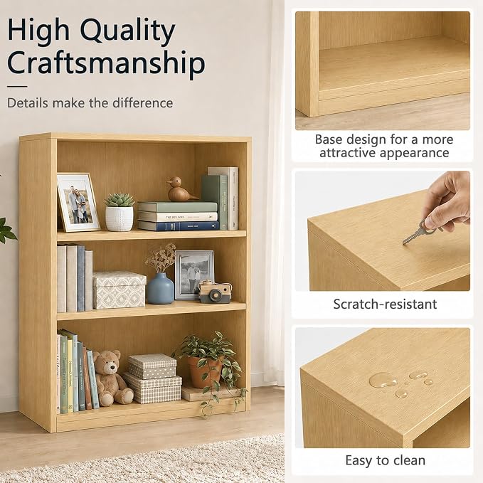 Wooden 3-Tier Bookshelf, Adjustable Open Storage Shelf Unit, 31.5" Tall Bookcase（Oak）