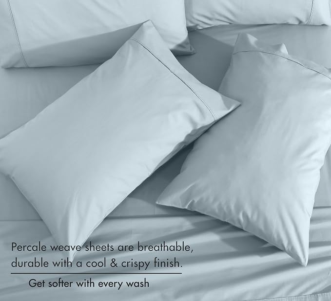 RUVANTI 100% Cotton Percale Sheets King Size 6 Piece Set, Cooling Bed Sheets for Hot Sleepers, Deep Pocket 16”, Breathable Lightweight & Durable, Crisp Hotel Style Sheets, Silver Blue