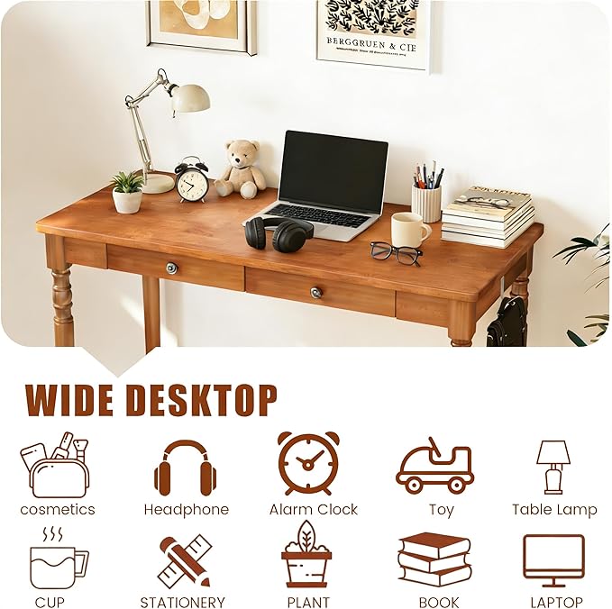100% Solid Wooden Desk with Drawers - 47.2” Mid Century Modern Desk with 2 Hooks, Vintage Writing Desk with Drawers, Simple Work Study Table for Bedroom & Home Office - Walnut Color