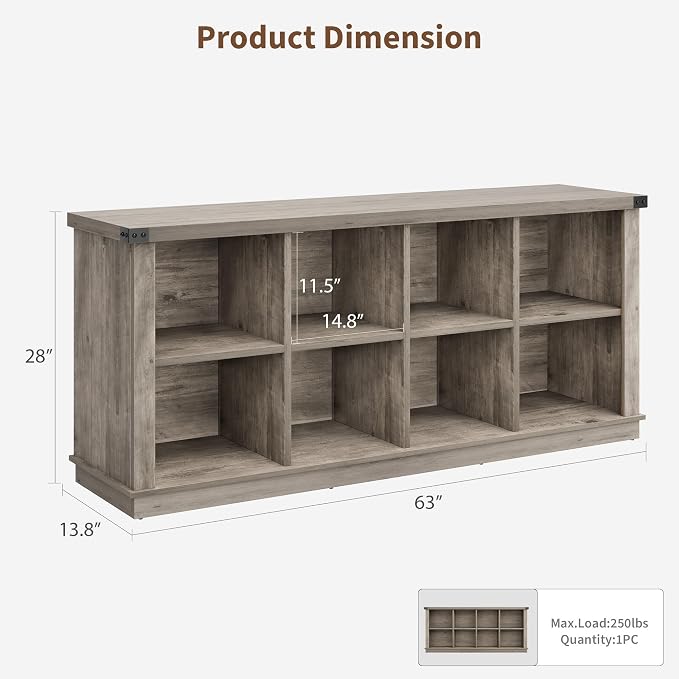 GarveeHome 8 Cube Storage Organizer Bookshelf, Farmhouse Horizontal Bookcase, 62 in Wood Storage Bookcase for Entryway, Long Low Bookshelves for Living Room (Grey, 8 Cube)