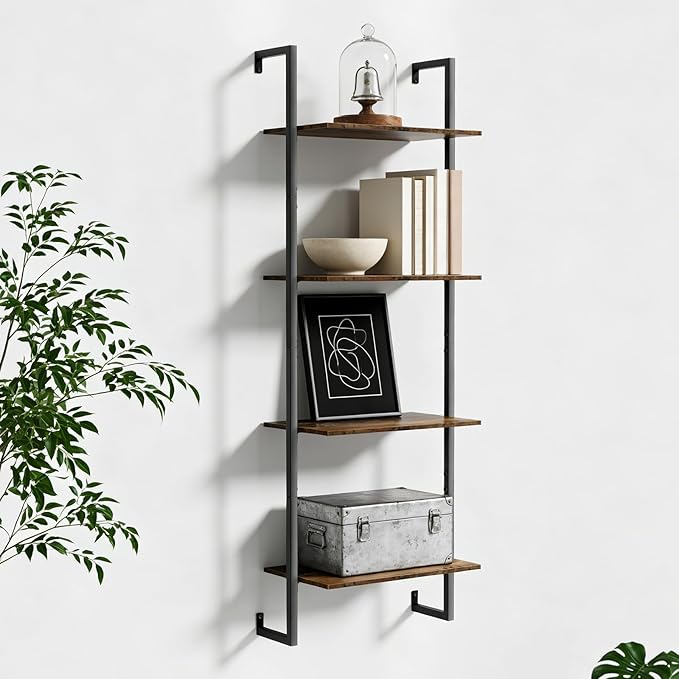 4 Tier Industrial Ladder Bookshelf 15.74" Dx9.44 Wx49.99 H, Wall Mounted Bookcase with Metal Frame for Home Office, Living Room, Study，Brown