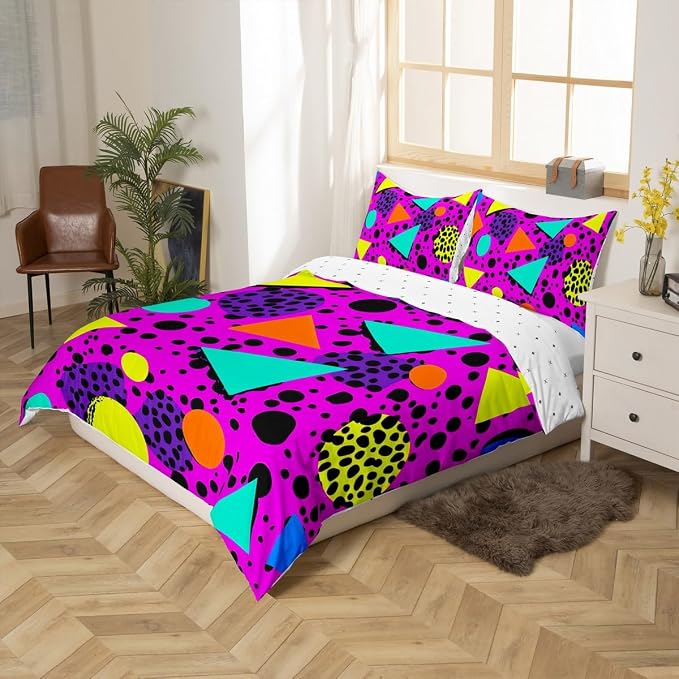 Memphis Duvet Cover Set - Vintage Yellow Purple Bedding With Retro Style Pattern, Geometrical Shapes, Round Triangle Artwork - King Size Colorful 1990s Home Decor Comforter Cover