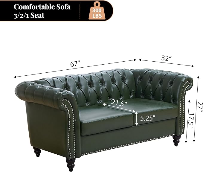 LEVNARY Chesterfield Loveseat, 2 Seater Tufted Couch for Living Room, Classic Button Tufted Upholstered Sofa, Modern Mid-Century PU Leather Loveseat (Green)