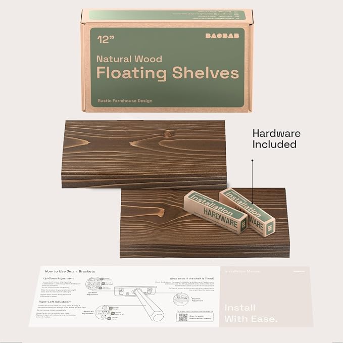 BAOBAB WORKSHOP Solid Wood Floating Shelves for Wall 12 Inch Wide, Small Wooden Shelf Kitchen, Bathroom Shelves for Room Wall Mounted Rustic Farmhouse, Walnut Floating Shelves, 12W × 6.7D, Set of 2