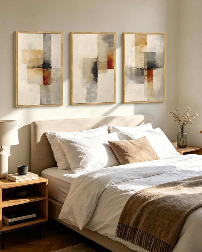 KUVIOKE Framed Abstract Wall Art Minimalist Beige Gray Red Pastel Watercolor Wall Decor Modern Neutral Art Print Home Decor 24x36in (Natural Framed)