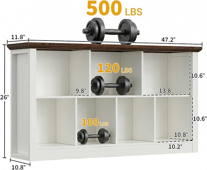 Unikito 7 Cube Storage Book Shelf - 47" Wide Wood Cube Storage Organizer, Wooden 2 Tiers Floor Standing Low Bookcase for Living Room, Bedroom, Home Office, Kids Room, Rustic White and Brown