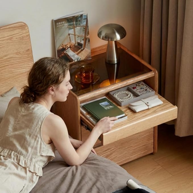 YESWOOD Solid Oak Nightstand with Hidden Drawers, Natural Wood Night Stand with Wheels, Rolling Bedside Table with Glass Tabletop and Open Shelf, Modern Nightstand for Bedroom, Living Room(25.59" H)