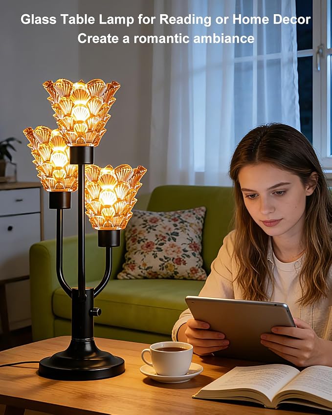 Lightdot Vintage Mid Century Modern Table Lamp for Living Room Dimmable Nightstand Lamp Black Desk Lamp Amber Glass 3 Bulbs Included Warmwhite Ambient Bedside Lamps for Bedroom Home Office Decor Gift