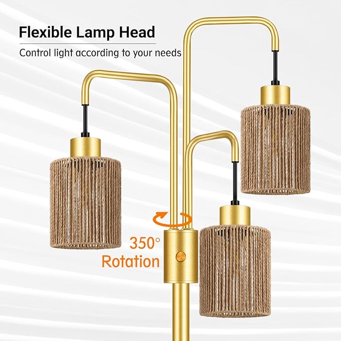 BoostArea Industrial Floor Lamp for Living Room,Gold Modern Standing Lamp Stand Up Lamp with 3 Light, Bulbs Not Included,Simple Design Floor Lamp for Bedroom, Living Room, Office, Kids Room, Reading