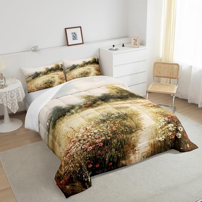 Erosebridal Rustic Wildflowers Comforter Set King Vintage Country Road Bedding Set for Kids Boys Girls Classical Flowers Landscape Comforter Farmhouse Nature Botanical Floral Quilt Duvet