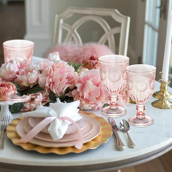 Pink 24 Pack Vintage Wine Glasses, Plastic Reusable 12 Ounce Colored Water Goblets, Unique Flower Embossed Pattern Unbreakable Stemmed Wine Glasses High Clear Wedding Party Bar Drinking Cups