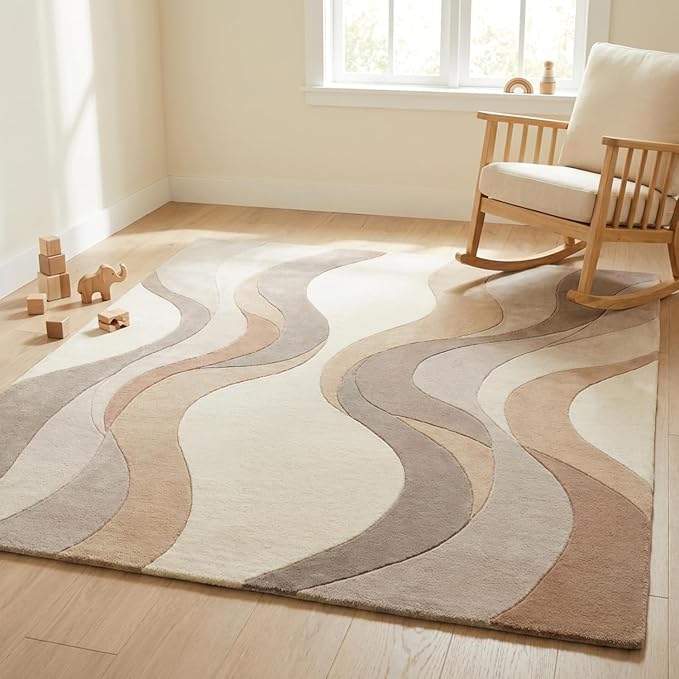 Geometric Multicolor Hand Tufted Wool Area Rug Modern Style Curve Pattern Warm Backing Floor Rug for Bedrooms Lounge Entryways & Gallary 4x4 Feet