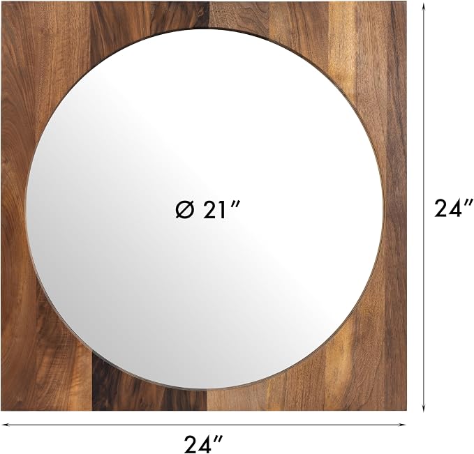 Walnut Wood Frame Round Mirror - 24" Wood Framed Mirror for Bathroom - Hallway Mirrors for Wall Entry - Mirrors for Entryway, Bedroom, Dining Room - Housewarming Gifts - Home Décor