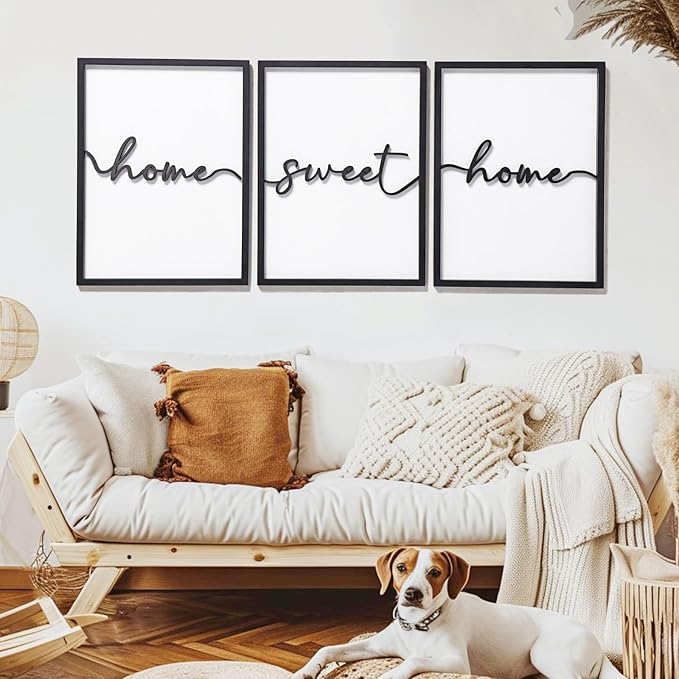 3D Wood Home Sweet Home Wall Art, Modern Home Sweet Home Sign for Large Living Room Wall Decor(Ready to Hang, Set of 3, 12x16 Inch, Framed)