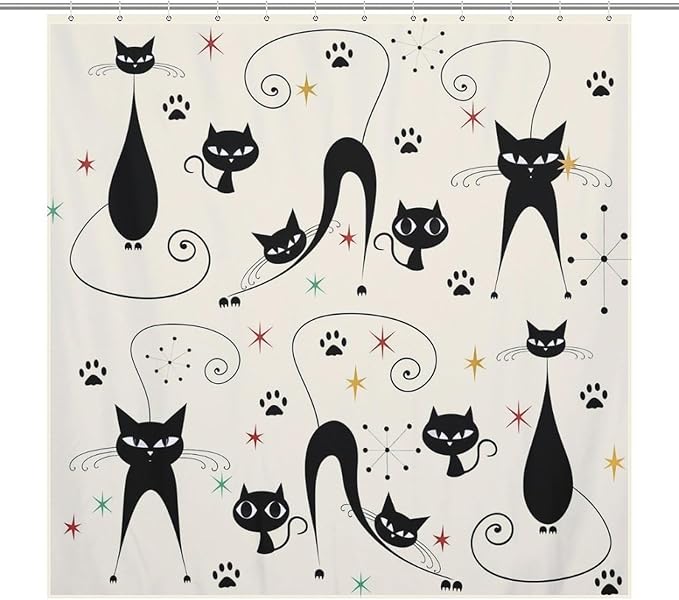 Mid Century Modern Shower Curtain,Retro Atomic Cat Star Paw Print Retro Abstract Geometric 1960s Fabric Bathroom Decor Curtains with Hooks 72x72in（183x183cm）