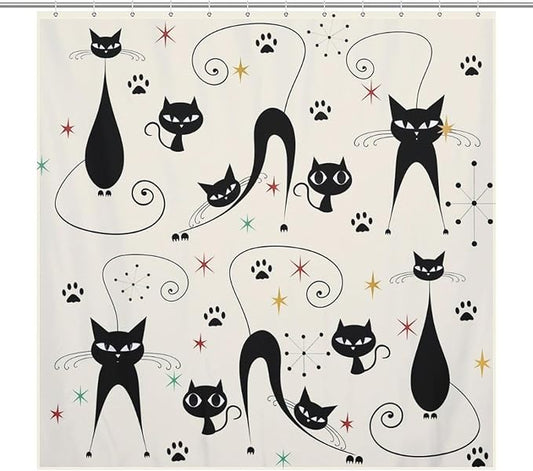 Mid Century Modern Shower Curtain,Retro Atomic Cat Star Paw Print Retro Abstract Geometric 1960s Fabric Bathroom Decor Curtains with Hooks 72x72in（183x183cm）
