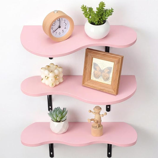 AceOrbit 3 Pcs Pink Floating Shelves Wavy Cloud Shelves Cute Wooden Shelf Live Edge Wall Mount Shelf Kawaii Pastel Room Decor Bookshelves Organize for Bedroom Living Room Home Decor Housewarming Gifts