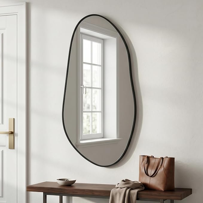 38 x 20 Inch Irregular Wall Mirror, Large Asymmetrical Black Decorative Mirror with Matte Aluminum Frame, Tempered Glass Organic Shape Mirror for Bathroom, Entryway, Living Room