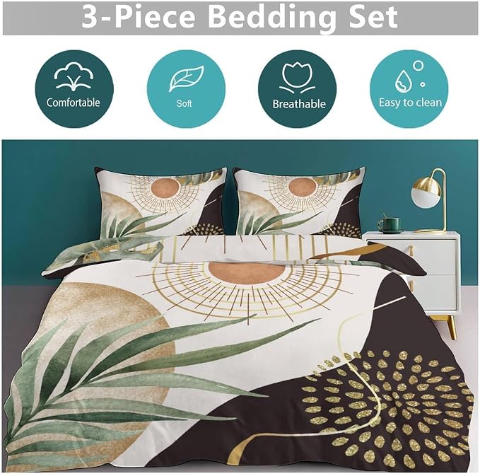Boho Sunrise Bedding Set,Mid Century Aesthetic Tropical Palm Leaves Abstract Minimalist Comforter Set with Pillowcase for Bedroom Bed Decor,Queen 90"x90"