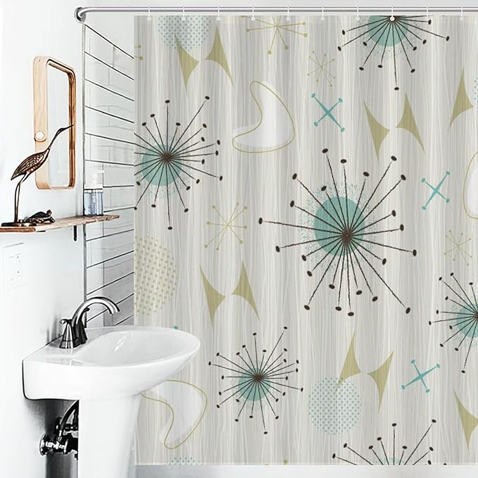 Mid Century Shower Curtains Modern Atomic Age Pattern Retro 50s Pattern Duty Fabric Shower Curtain Set Bathroom Polyester Waterproof with 12 Hooks, 66x72Inch（168x183cm）
