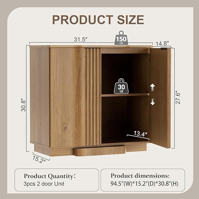 Yechen Buffet Cabinet with Storage, 94.5" Accent Sideboard Modern Credenza Set of 3 with Doors & Adjustable Shelves Fluted Media Console Wood Coffee Bar Table for Living Kitchen Dining Room