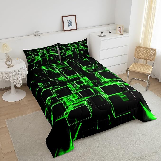 Erosebridal Fluorescent Green and Black Kids Comforter Set, Modern Geometric Square Bedding for Boys Girls Gradient Neon Light Honeycomb Duvet Set King 3 Pieces