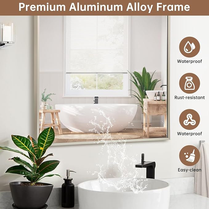 Brushed Nickel Bathroom Mirror, 30"x36" Rectangle Mirror, Brushed Mirror, Metal Frame Square Corner Vanity Mirror, Wall Mounted Mirror for Modern, Living Room, Bedroom, Horizontal Or Vertical