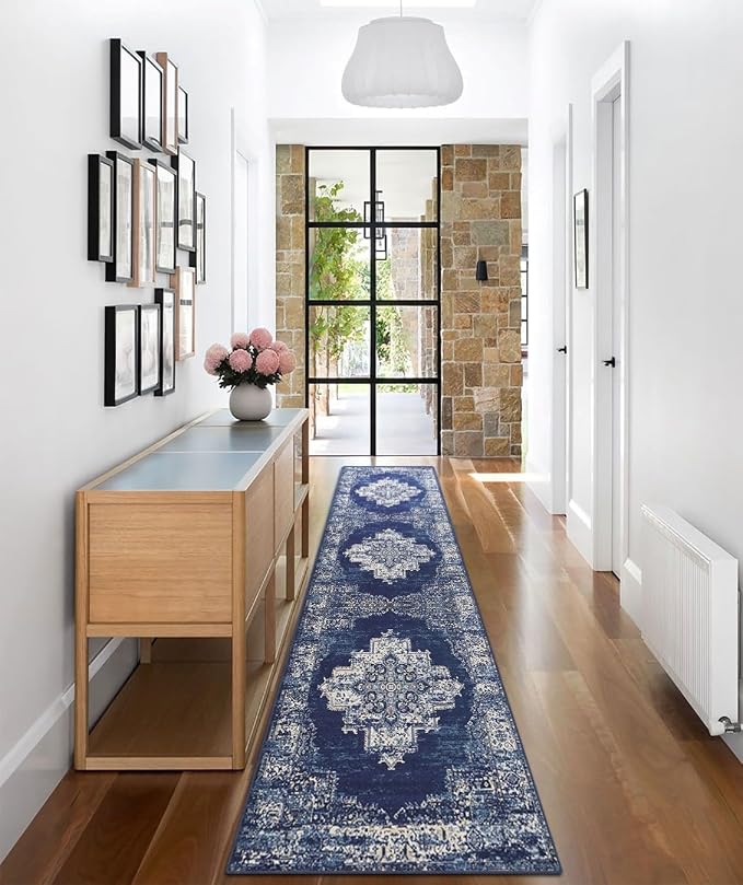 vivorug Runner Rug 2'x8' Machine Washable Non-Slip Runners for Hallways Kitchen Entryway Laundry Room Vintage-Inspired Carpet Hallway Runner Navy Blue