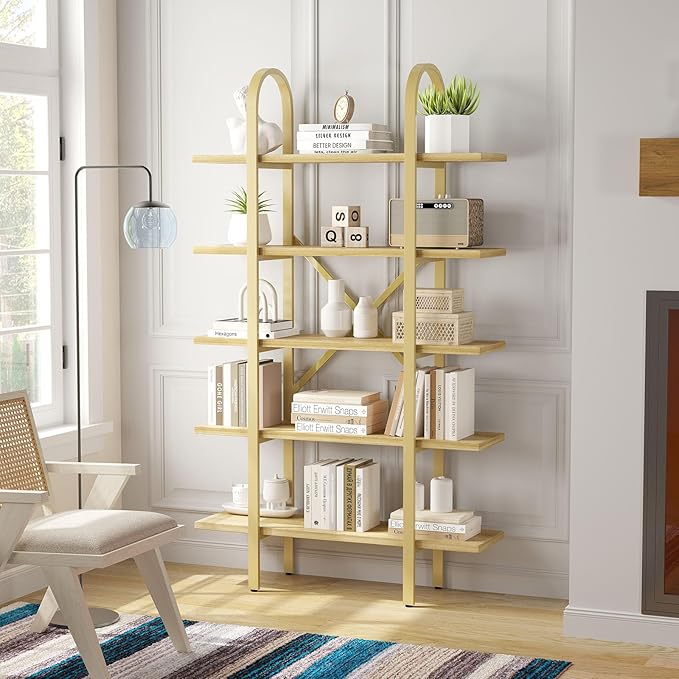 Wide Bookshelf Arched Bookcase, Industrial 5 Tier Open Book Shelves with Metal Frame, 72" Tall Freestanding Heavy Duty Display Rack for Home Office, Living Room,Nature Wood & Gold,Easy Assembly