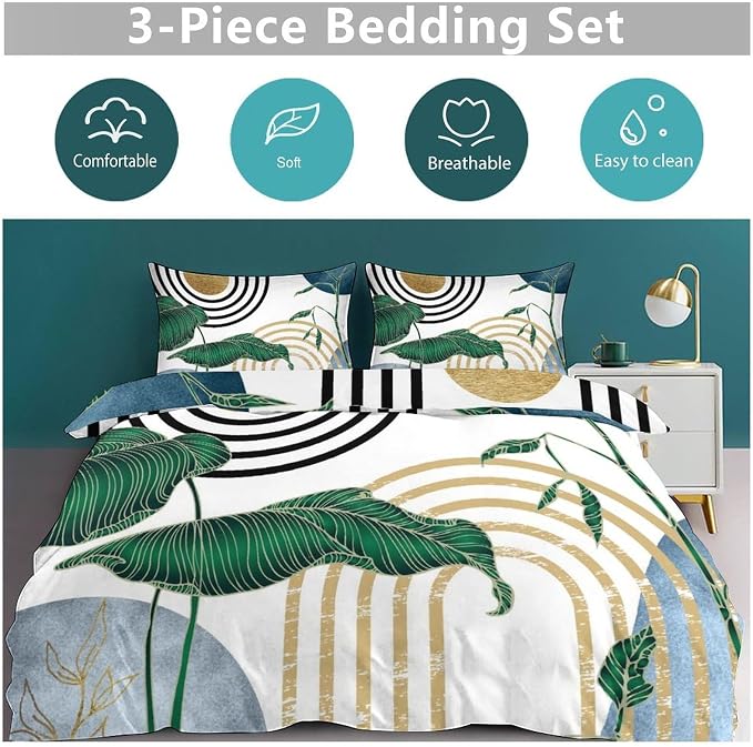 Mid Century Leaves Bedding Set,Modern Abstract Tropical Monstera Palm Leaf Plant Minimalist Spring Summer Bohemian Geometric Comforter Set with Pillowcase for Bedroom Bed Decor,King 102"x90"