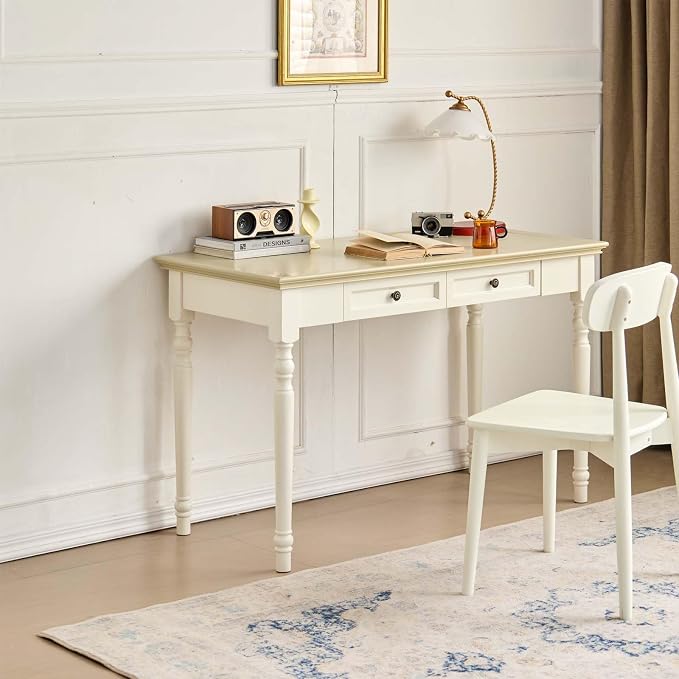 ADORZ Writing Desk with Drawers, 47 Inch French Country Desk Solid Wood Writing Desk for Home Office, Study Workspace or Bedroom (Off-White, 47 inches)