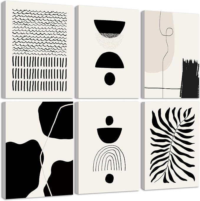KUVIOKE Black Abstract Framed Wall Art Boho Room Decor Set of 6 Minimalist Geometric Line Art Bohemian Mid Century Modern Prints for Bedroom Living Room 8x10in (Framed)