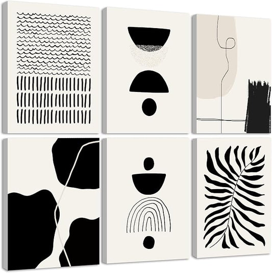 KUVIOKE Black Abstract Framed Wall Art Boho Room Decor Set of 6 Minimalist Geometric Line Art Bohemian Mid Century Modern Prints for Bedroom Living Room 8x10in (Framed)