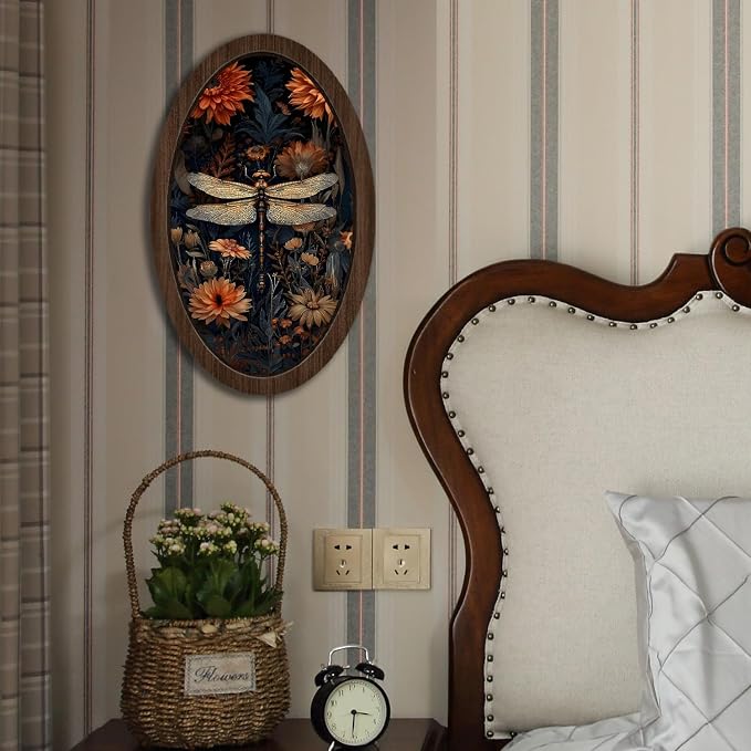 UYIKG Vintage Dragonfly Wall Art Decor,William Morris Dragonfly Floral Oval Wall Decor, Cottagecore Wooden Framed Wall Decorations for Theme Room Home Bedroom Living Room 9x14.6 in