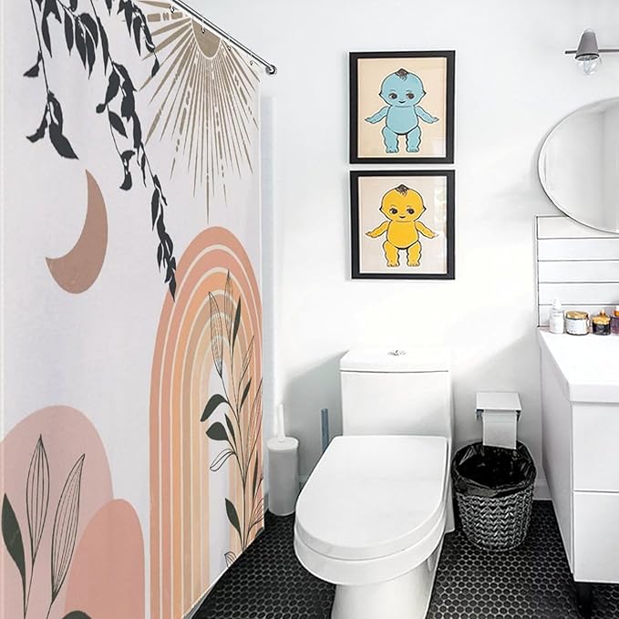 Mid Century Abstract Boho Shower Curtains Geometric Leaf Sun Minimalist Modern Cafe Washable Waterproof Fabric for Bathroom Decor Bathtub with 12 Hooks 72x72in (183x183cm)