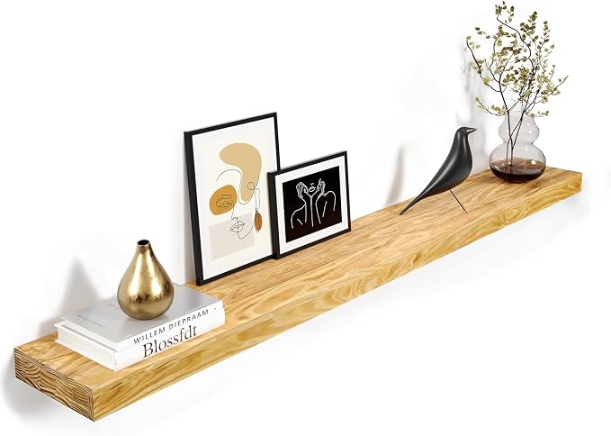 Howizz 60'' Pine Wood Floating Shelf for Wall, Rustic Wall Mounted Wooden Shelf with Invisible Brackets, Fireplace Mantel Shelf for Living Room, Bedroom, Bathroom & Home Decor, Natural Finish, 1 Pcs