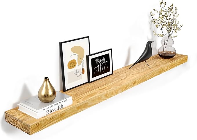 Howizz 72'' Pine Wood Floating Shelf for Wall, Rustic Wall Mounted Wooden Shelf with Invisible Brackets, Fireplace Mantel Shelf for Living Room, Bedroom, Bathroom & Home Decor, Natural Finish, 1 Pcs