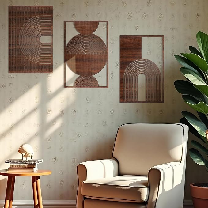 Yerliker 3 Pcs Mid Century Modern Wood Wall Art Decorations 3D Geometric Abstract Wall Sculpture for Living Room Bedroom Office Minimalist Aesthetic(Mid-century,15.75 x 15.75 x 1.97 Inch)