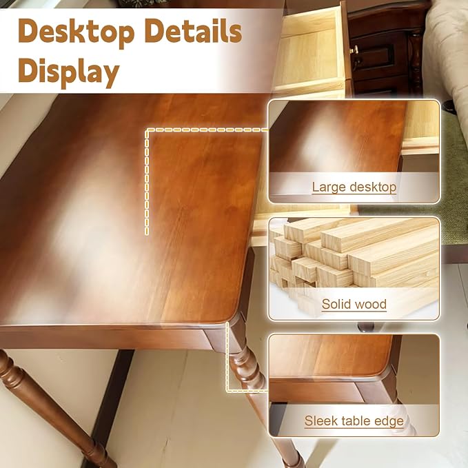 Solid Wood French Country Desk,Writing Desk with Storage Drawers,Farmhouse Computer Table Makeup Table Modern Simple Style,for Home Office Living Room Study Workspace Bedroom (Walnut, 47.2IN)
