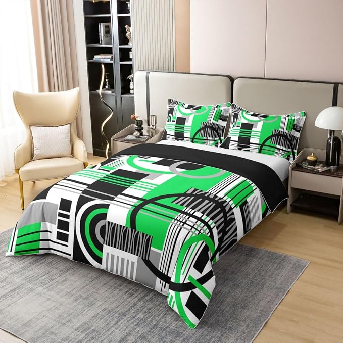 Erosebridal Art Deco Mid Century Duvet Cover Set Retro Modern Abstract Geometric 100% Cotton Comforter Cover Black and White Green Circles Stripes King Bedding Set, Contemporary Bed Sets