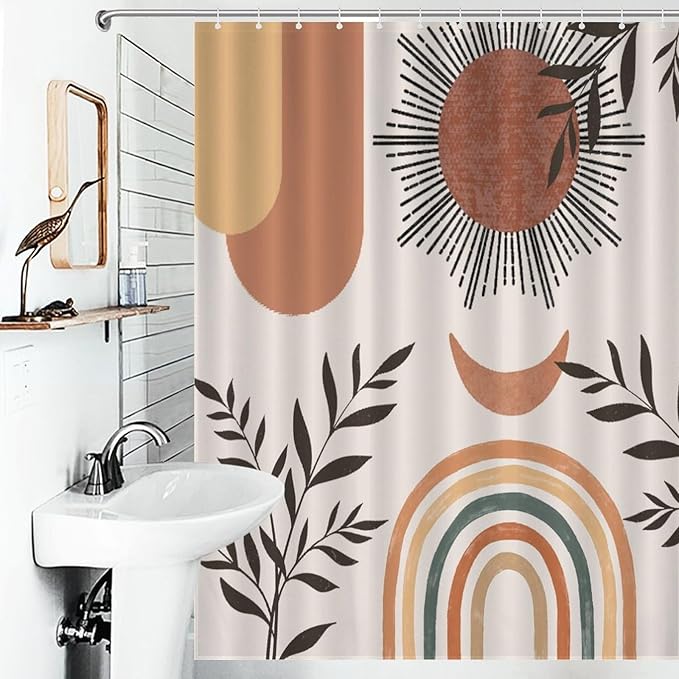 Mid Century Abstract Boho Shower Curtain Orange Vintage Aesthetic Nature Leaf Sun Modern Waterproof Shower Curtains for Bathroom Decor 12 Pack Hooks 55x72in（140x183cm）