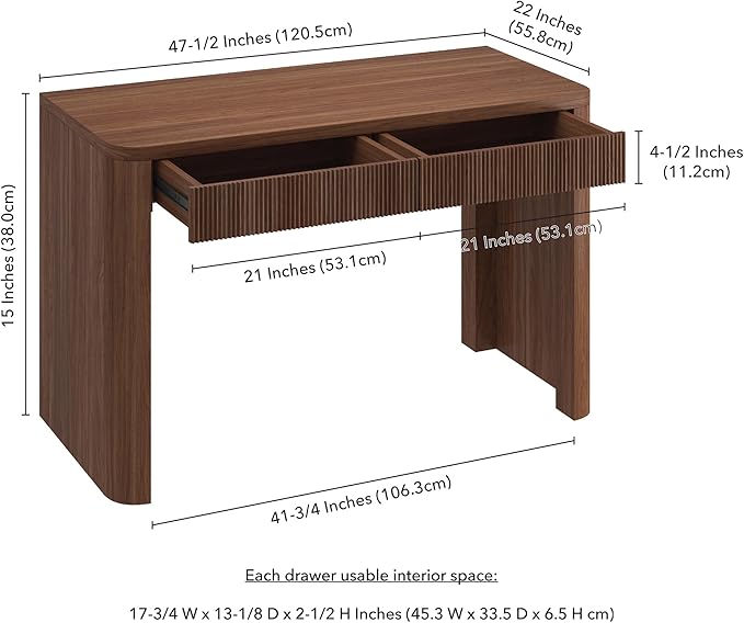 Henn&Hart 48'' Fluted Modern Rectangular Home Office Desk, Ribbed Computer Desk, Writing Table with 2 Drawers for Home Office, Medium Walnut