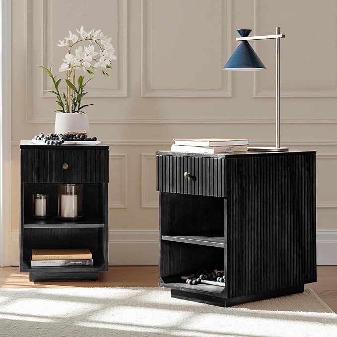 HULALA HOME Mid-Century Modern End Table with Drawer and Open Shelves, Solid Paulownia Wood Side Table, Brass Knob, No Assembly Required(Set of 2, Charcoal)