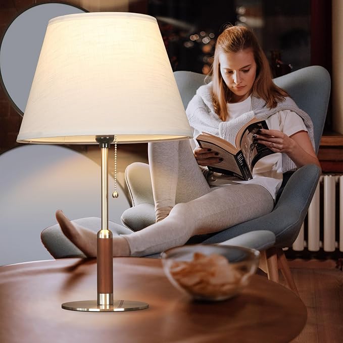 21" Modern Bedside Lamp Mid Century Table Lamp, Pull Chain Nightstand Lamp for Bedroom Living Room 3-Color Light, Solid Wood/Metal/Fabric for Home/Office/Desk Decor(Off White+Brushed Nickel)