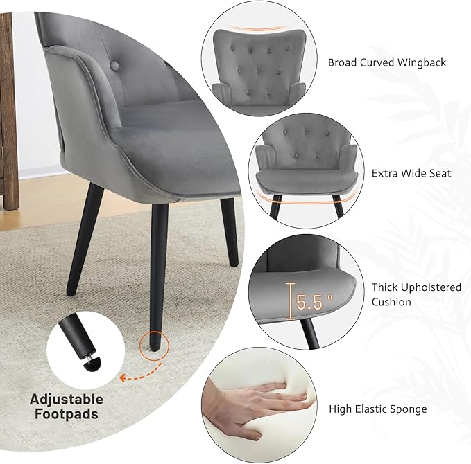 Furniliving Modern Accent Chair, Velvet Tufted Button Wingback Chair Upholstered Side Armchair Comfy Lounge Chair with Tapered Legs Sofa Leisure Chair for Home Office/Living Room/Bedroom, Grey