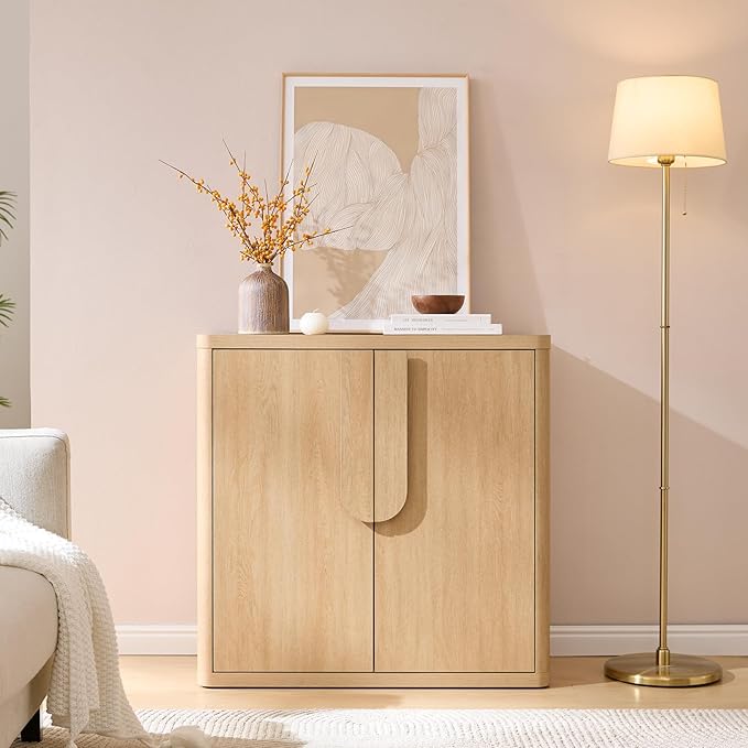 34.5'' Sideboard Buffet Cabinet W/Storage, Modern Accent Cabinets W/Curved Handles & Adjustable Shelves, 2 Doors Coffee Bar Buffet Table Credenza for Living Room Kitchen Hallway, Natural Oak