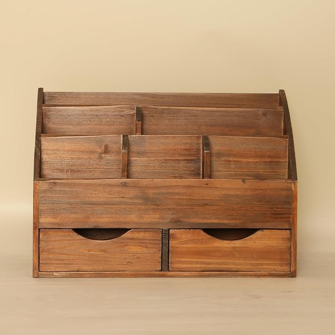 Vintage Rustic Wooden 2 Drawer with Shelf Office Desk Organizer & Mail Rack For Desktop,Box for Office Home Toiletries Supplies Vanity, No Assembly Required (J03) (Brown)