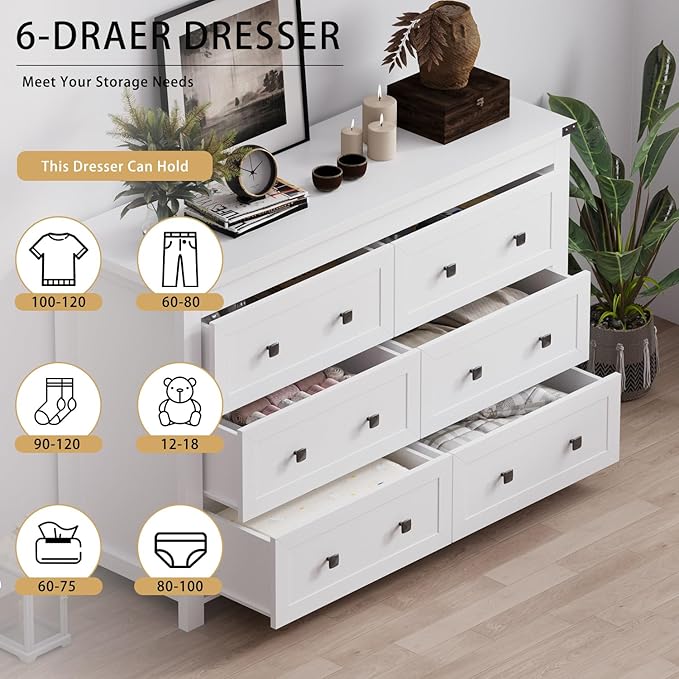 6 Drawer Dresser for Bedroom, White Modern Dressers & Chests of Drawers with Metal Handles, Closet Storage Dresser, Storage Cabinet and Organizer with Drawers