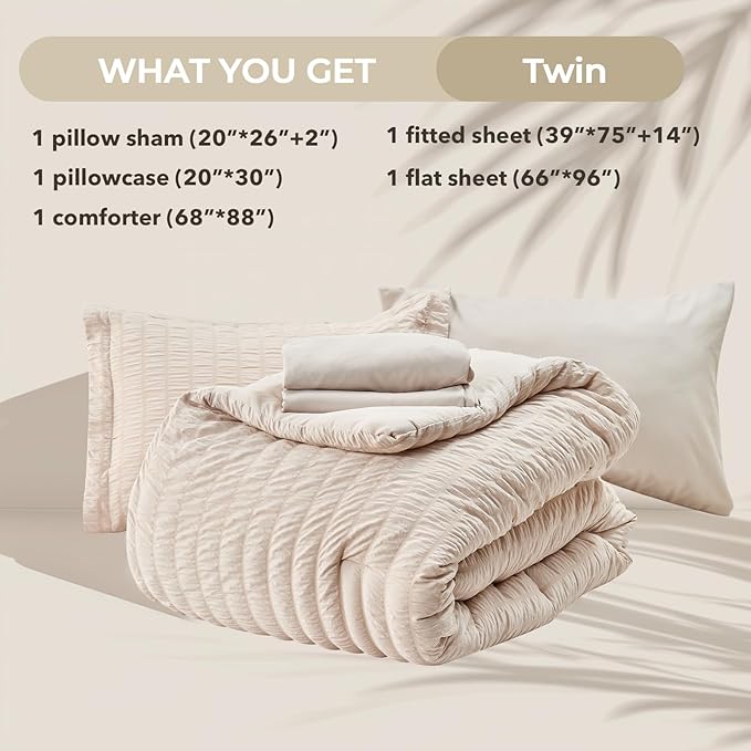HYMOKEGE Beige Twin Comforter Set Seersucker 5 Pieces, All Season Luxury Bed in a Bag for Bedroom, Bedding Set with Comforters, Sheets, Pillowcase & Sham