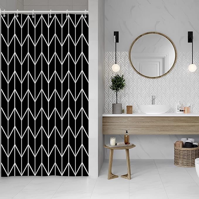 Black and White Pattern Bathroom Shower Curtain Abstract Geometry Line Bath Curtain with Hooks Waterproof Polyester Fabric Shower Curtains for Modern Artistic Bath Decorative, 36x72 Inch